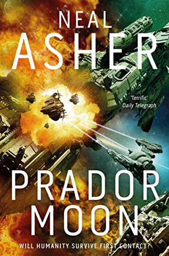 Book cover: “Prador Moon” depicts spaceships amidst an orange and blue explosion.