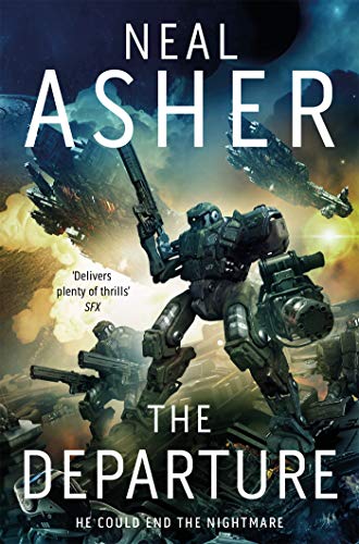 Book cover: sci-fi illustration of a soldier in a mech suit, spaceships.