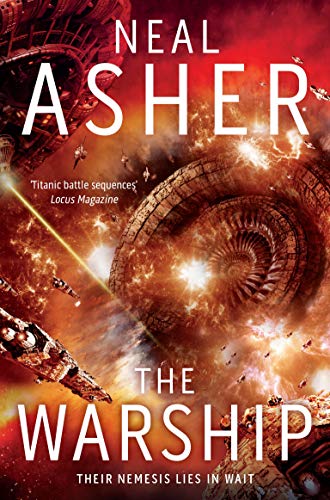 Book cover: sci-fi warship amidst cosmic explosion, title "The Warship.