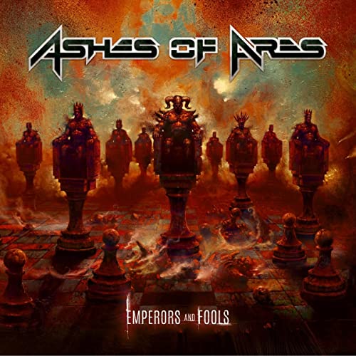 Album cover for Ashes Of Ares, featuring chess pieces and fiery background.