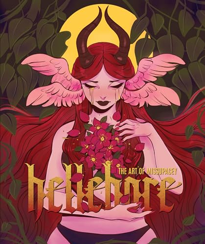Illustration of a winged figure with horns holding pink hellebore flowers.