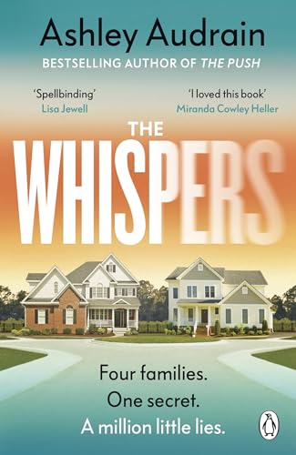 Book cover for "The Whispers" featuring suburban houses under a sunset.