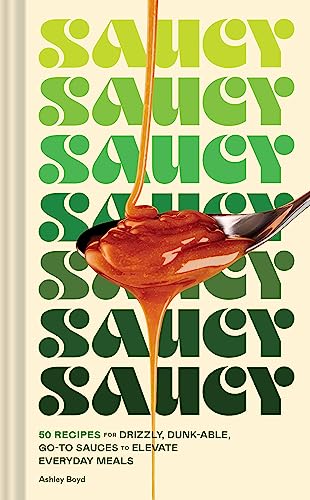 Cookbook with colorful sauce images and 50 recipes on its cover and pages inside.