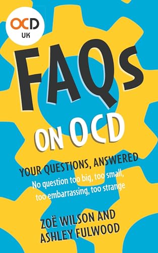 Book cover: "FAQs on OCD" with blue and yellow gear background.