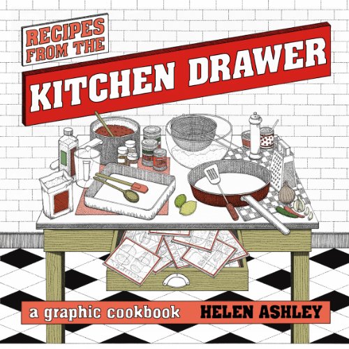 Cookbook cover with kitchen clutter illustration and red title text.