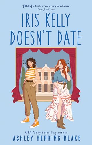 Book cover: two women stand before a building framed by red curtains.