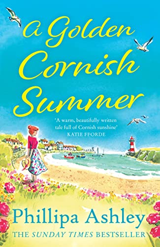 Book cover with a woman on a beach, coastal village, and floral border.