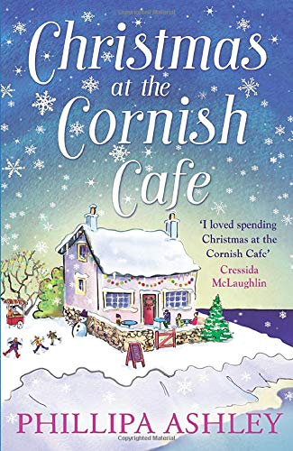 Book cover illustration of a snow-covered cafe with people outside against a blue background.