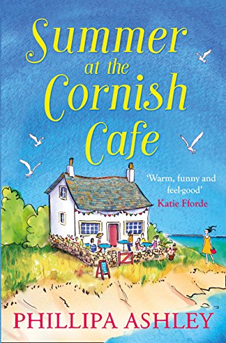 Book cover illustration of a seaside café with people, seagulls, and a blue sky.
