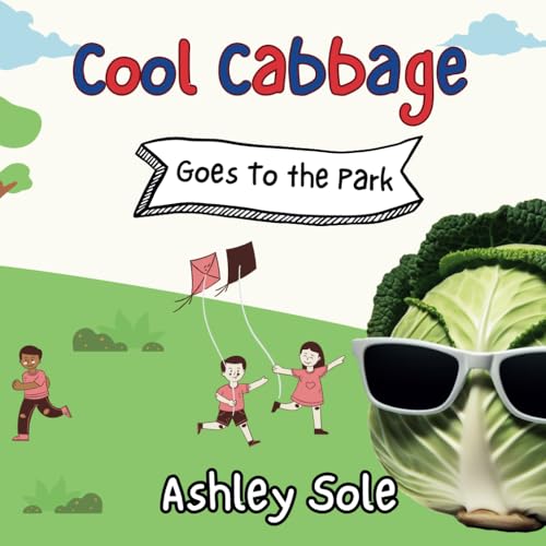 Cabbage with sunglasses, children flying a kite in a green park.