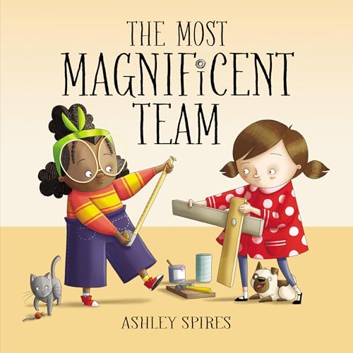Book cover with two young girls building, a cat, and a dog.