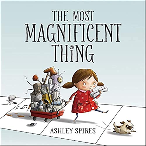 A girl in a red dress pulls a wagon of junk with a small dog.