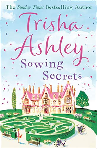 Book cover with pink script, a country house, and garden scene.