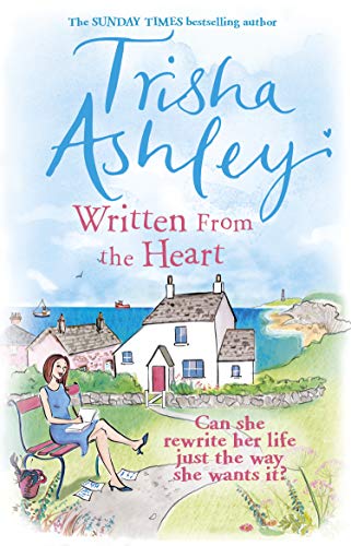 Book cover with illustrated coastal scene, woman writing on a bench.