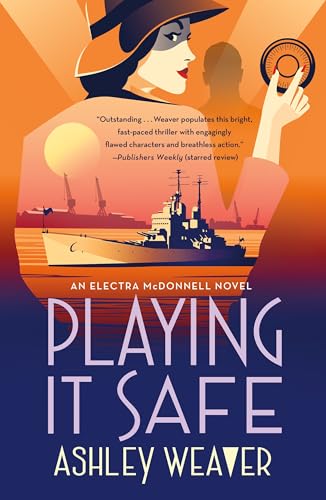 Book cover: woman in hat, ship, and sunset with title "Playing It Safe".