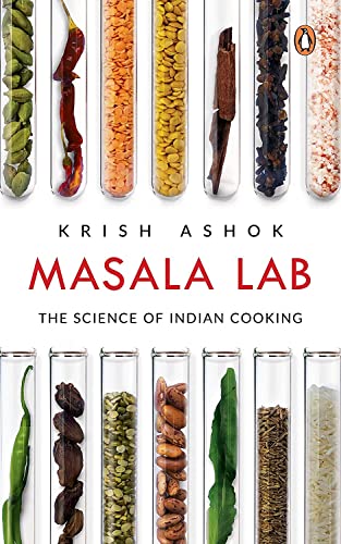 Book cover: “Masala Lab” with spices in test tubes, white background.