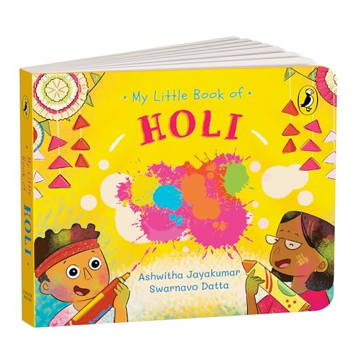 Yellow children’s book cover with colorful Holi powder splatters and illustrations.