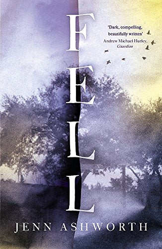 Book cover for "Fell" with a misty forest and flying birds.