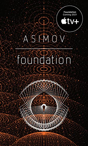 Book cover for Foundation by Isaac Asimov featuring orange geometric patterns on black background.