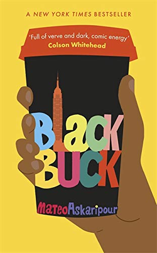 A hand holds a coffee cup featuring the book title and a skyscraper silhouette.