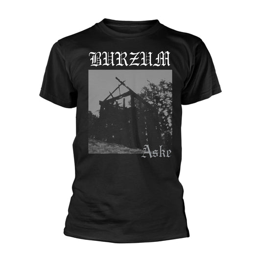 Black t-shirt with a distressed image of a wooden structure and text.