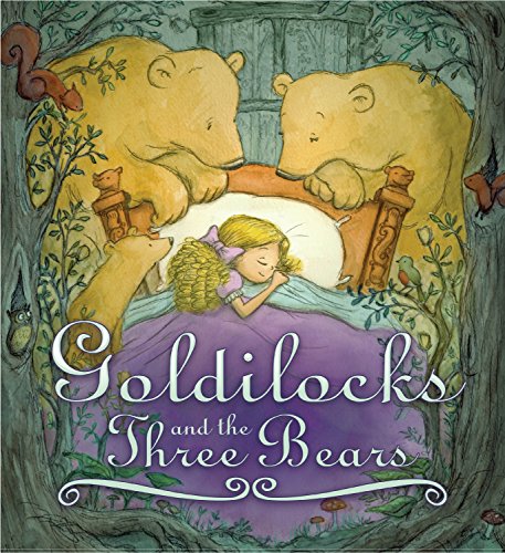 Goldilocks asleep in bed with three bears, illustrated storybook cover.