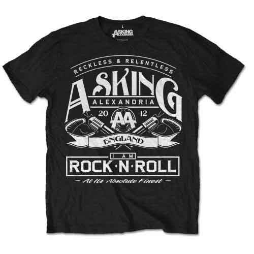 Black t-shirt with white “Asking Alexandria” band logo and graphic design.