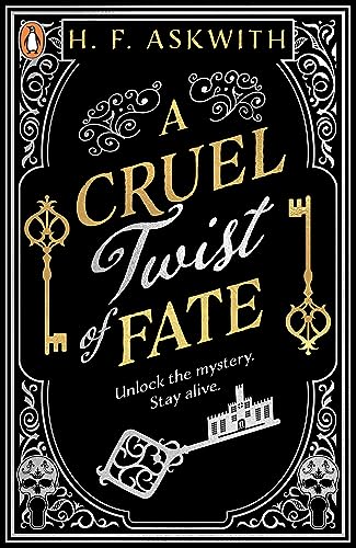 Book cover: black background, gold text, keys, skulls, and a mansion.