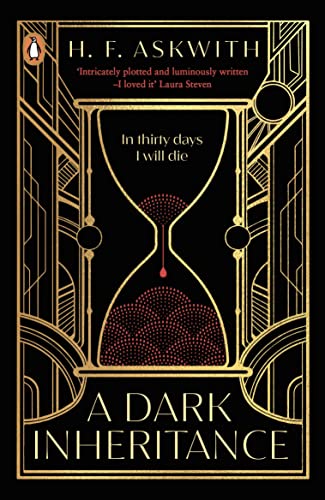 Book cover with gold art deco patterns, an hourglass, and red sand on black.