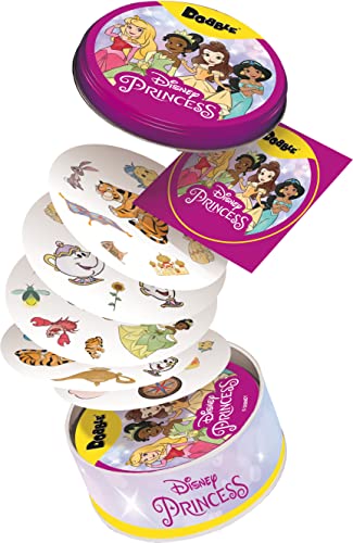 Dobble Disney Princess card game with circular cards and a purple storage tin.