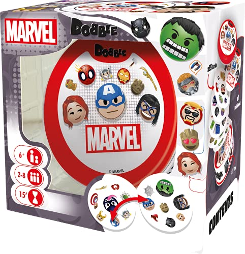 Dobble Marvel Emoji card game box featuring superhero emoji faces.