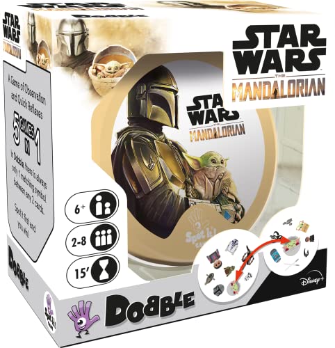 Dobble Star Wars Mandalorian card game box featuring The Mandalorian and Grogu.