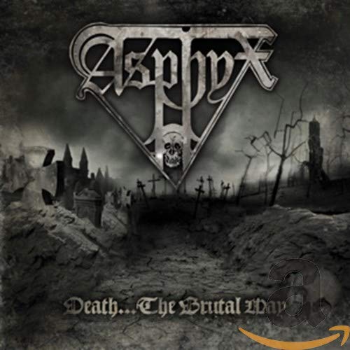 Asphyx Death... The Brutal Way album cover featuring a dark, gloomy cemetery landscape.