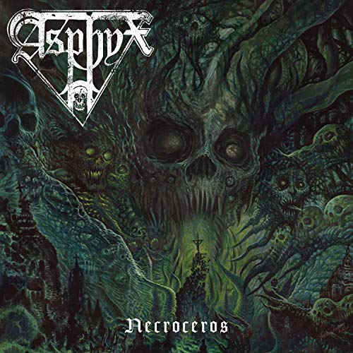 Album cover for Asphyx’s “Necroceros” featuring a skull and gnarled trees.