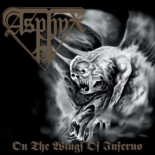 Asphyx album cover: demonic figure with wings, black and white art.