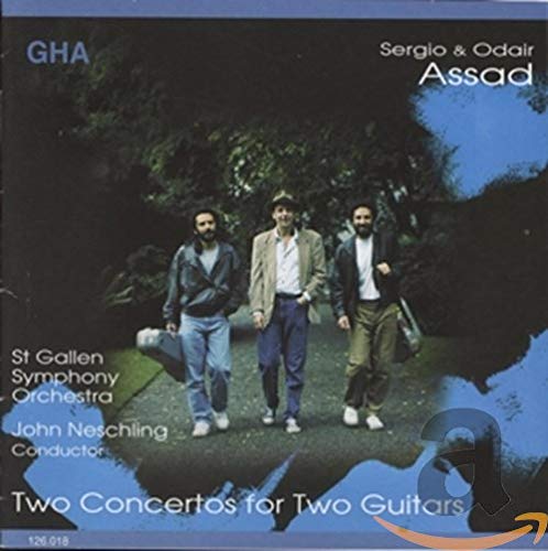 CD cover with three men walking towards trees, text “Two Concertos for Two Guitars”.