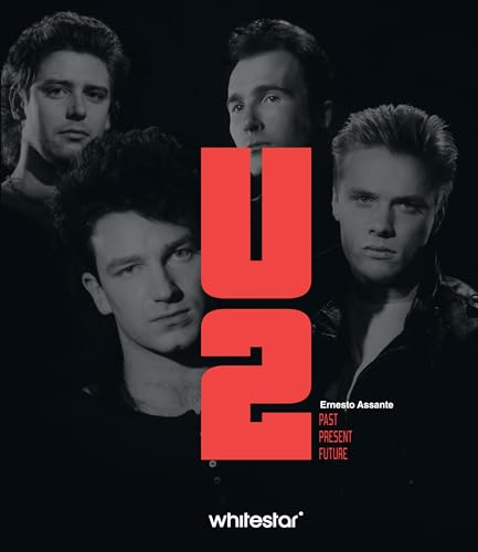 Black and white portrait of U2 band members with a red "U2" logo.