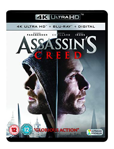 "Blu-ray case for 'Assassin's Creed' with a split-face image and cityscape background."
