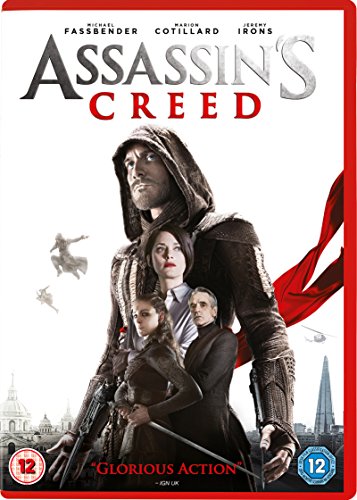 DVD cover for "Assassin's Creed" featuring Michael Fassbender and Marion Cotillard.