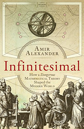 Book cover with historical figures, a globe, and the title "Infinitesimal.
