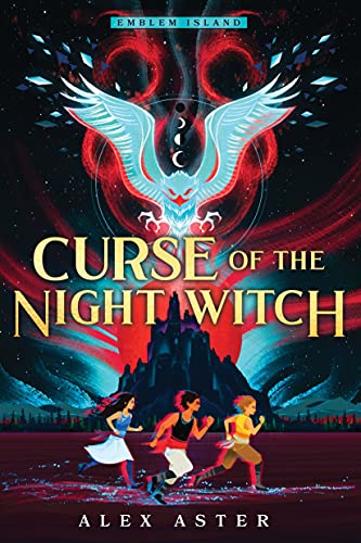 Book cover: “Curse of the Night Witch” with a winged creature and children running.