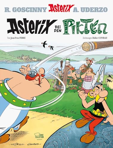 Asterix comic book cover, featuring characters and a Scottish landscape.