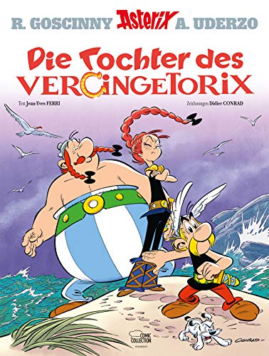 Asterix comic book cover, featuring Asterix, Obelix, and a young girl.