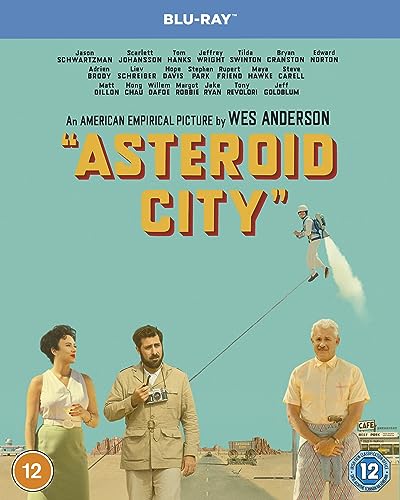 Asteroid City Blu-ray cover with cast names and desert landscape imagery.