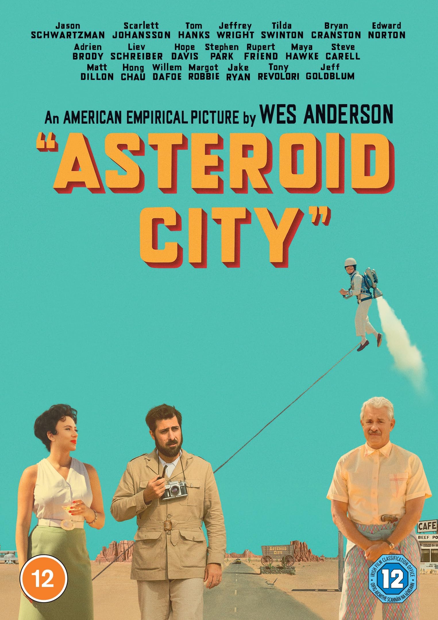 Asteroid City" DVD cover featuring stylized figures and a desert town.