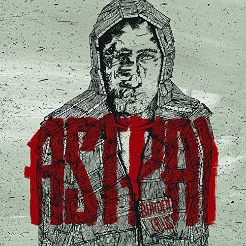 Hooded figure with distressed face and bold red text, album artwork.