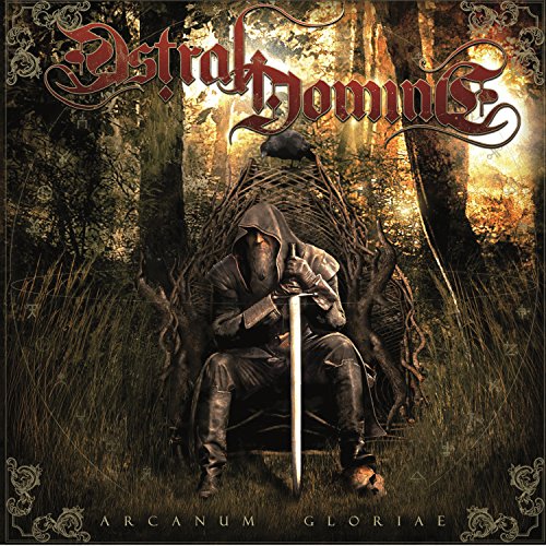 Hooded figure with sword seated on a throne in a forest.