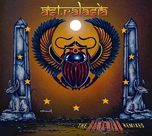 CD cover: astralasia, beetle, pyramids, and stars in a dark landscape.