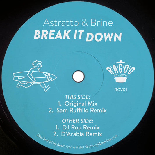 Blue vinyl record label with white text and a running figure illustration.