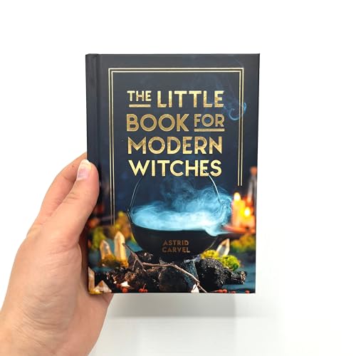 Dark blue book cover with gold text, cauldron image, held in a hand.
